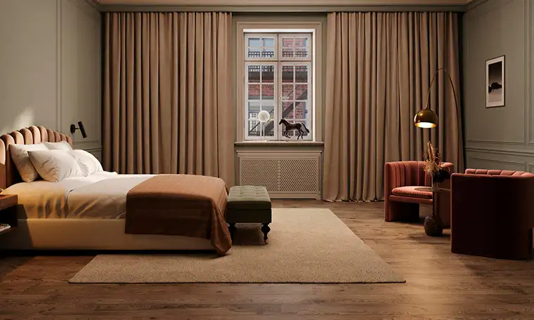 Dormitorio con suelo de parquet